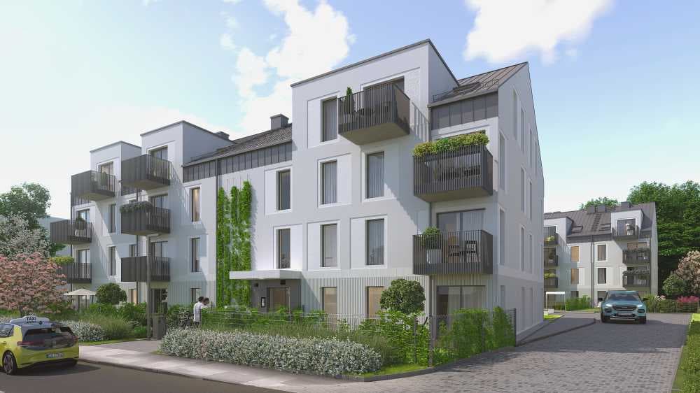 Wizualizacja spokojnej uliczki osiedlowej z niską zabudową